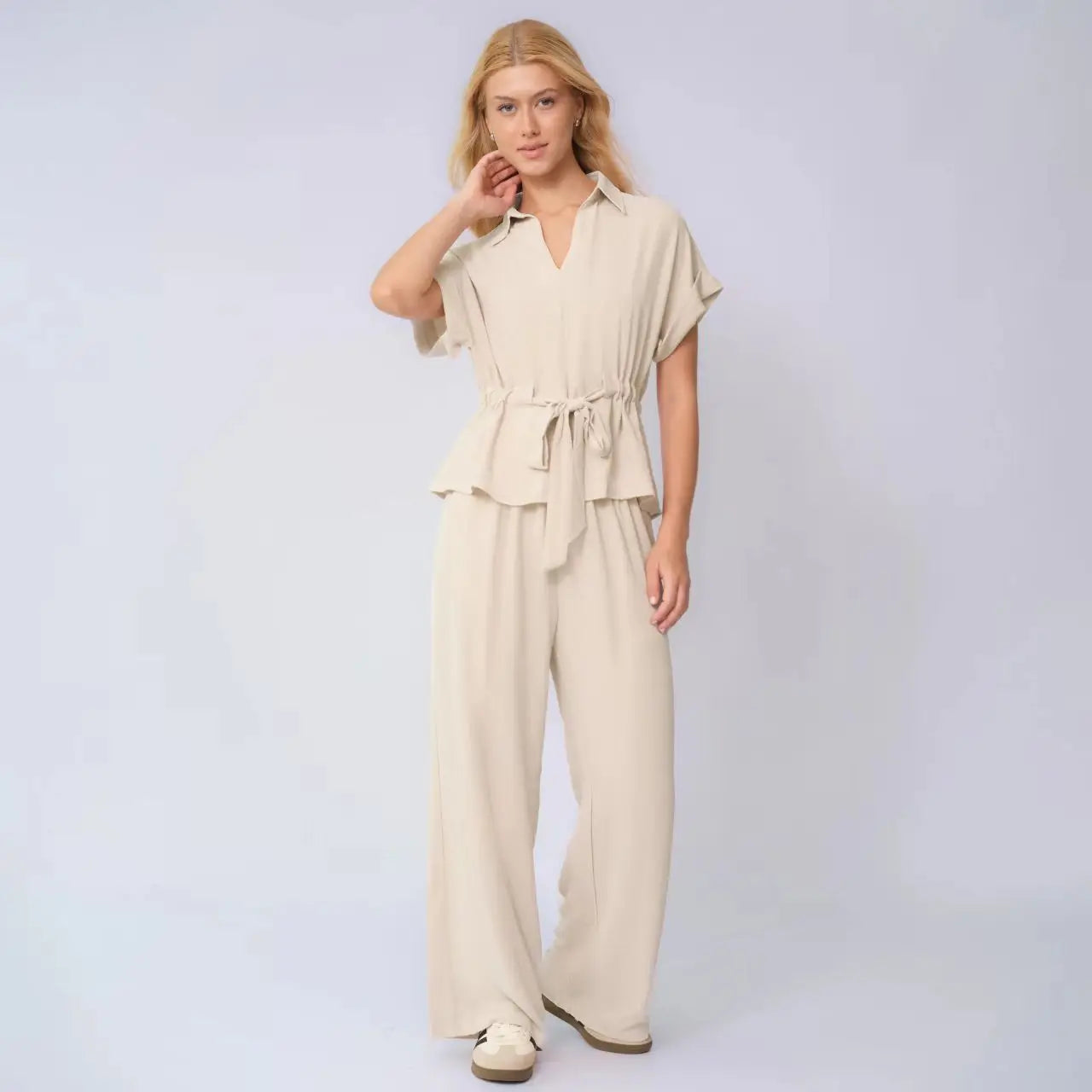 Two-Piece Set Cambria™ with Tie-Waist Top and Wide-Leg Pants.
