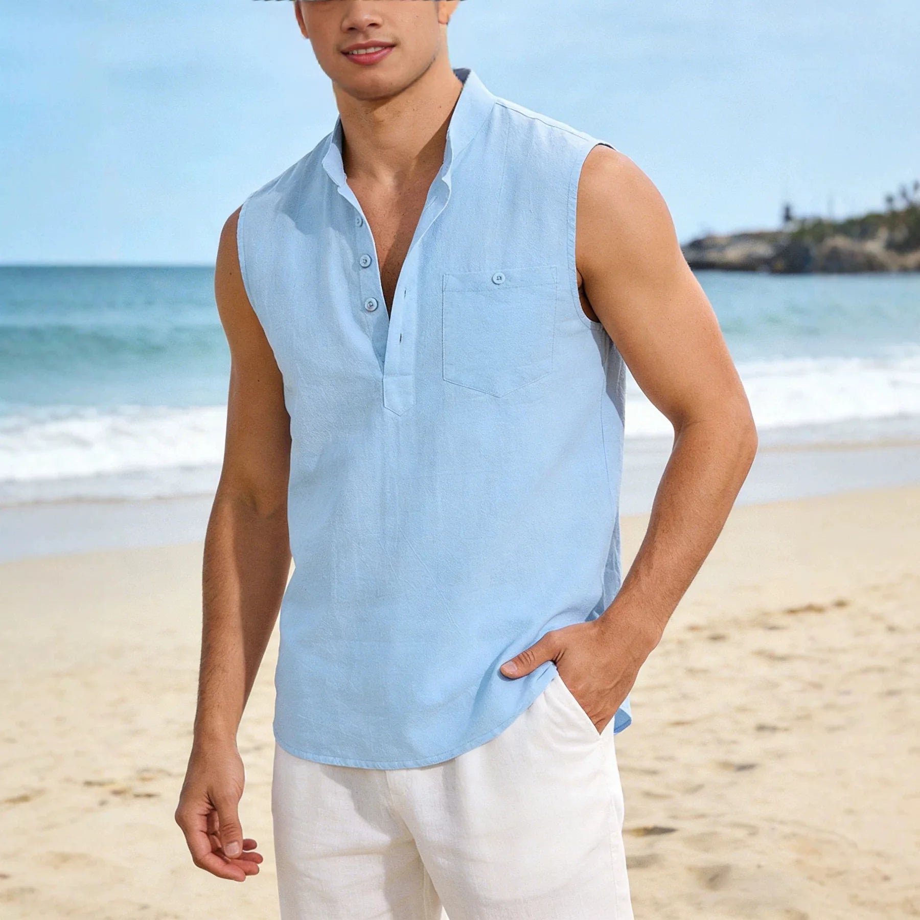Sebastien™ Cotton Linen Sleeveless Shirt with Mandarin Collar