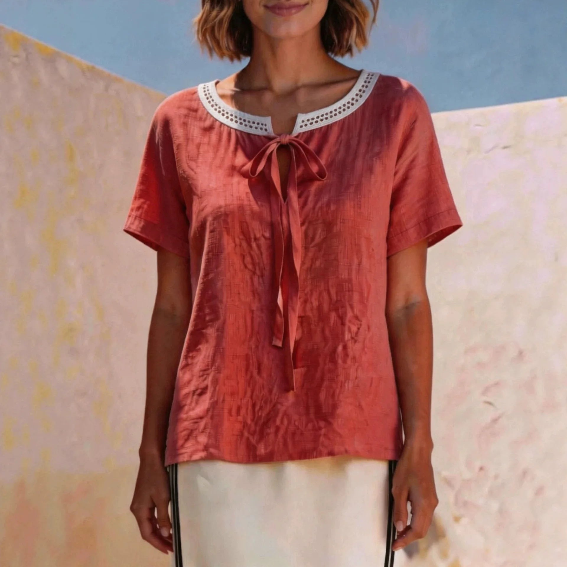 Valisse™ Blouse with Tie-Front Detail and Openwork Neckline Trim