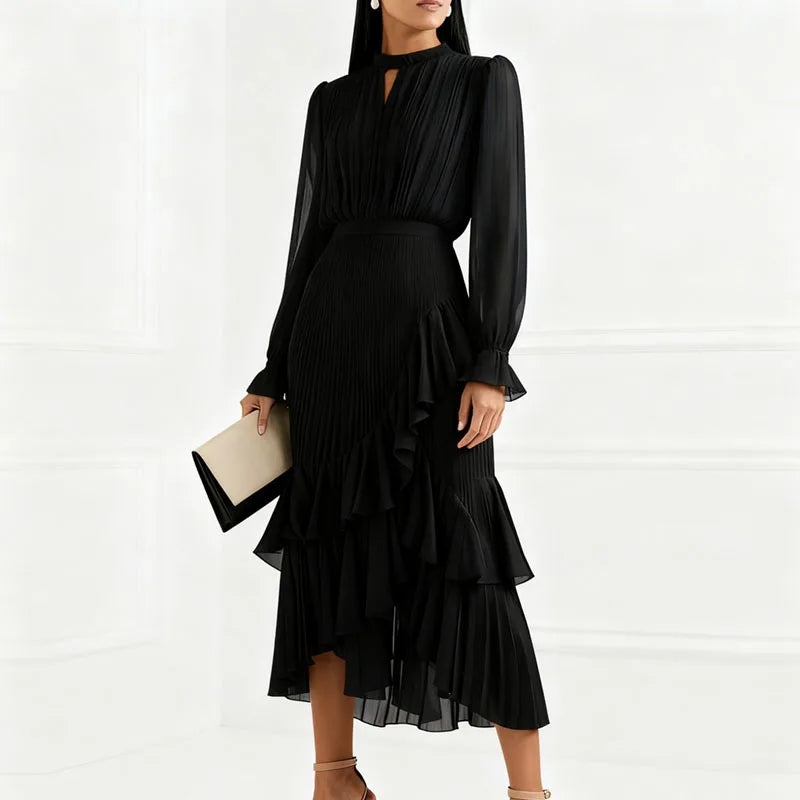 Lioren™ Dress with Sophisticated Pleats and Asymmetrical Ruffles