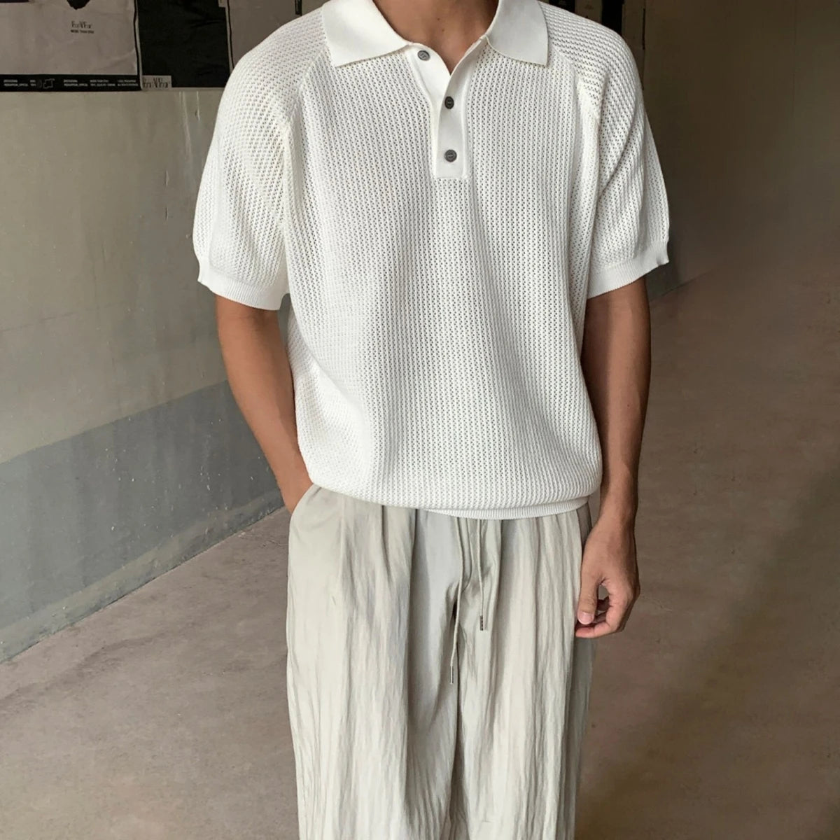 Varello™ Textured Knit Polo with Classic Collar and Front Buttons