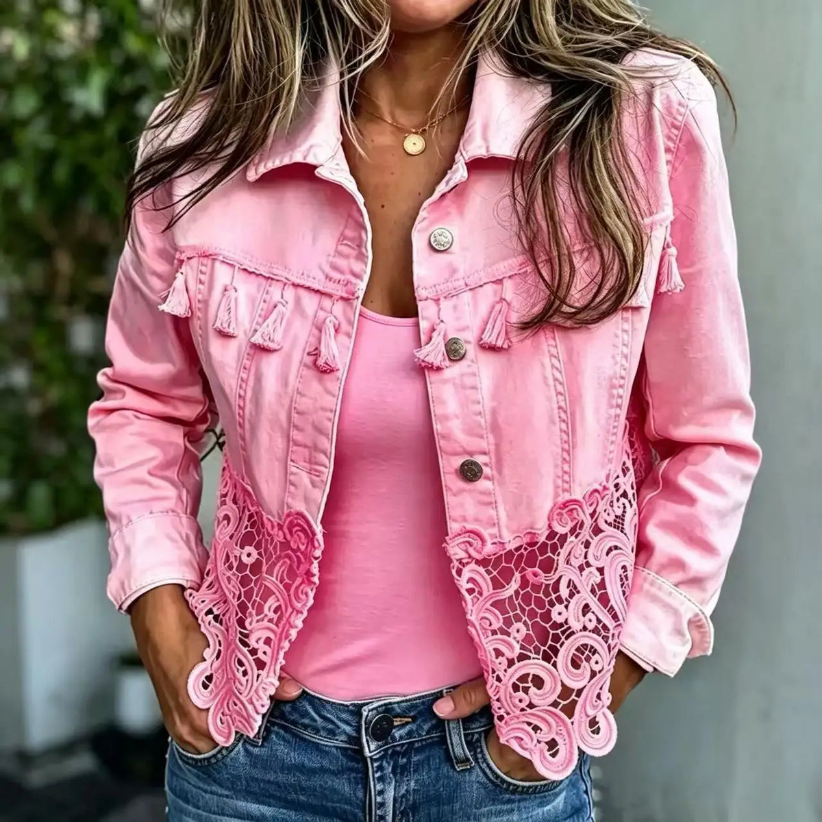 Caprielle™ Denim Jacket with Cutout Lace Hem and Tassel Details at the Bust