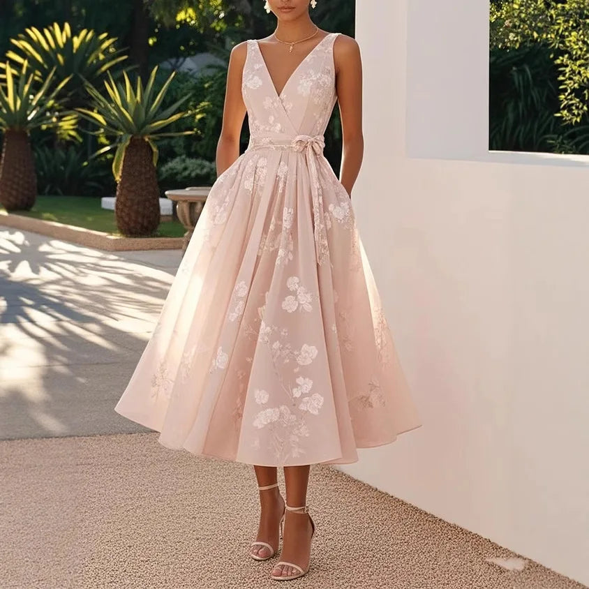 Lavienne™ Floral Midi Dress with Tie Waist
