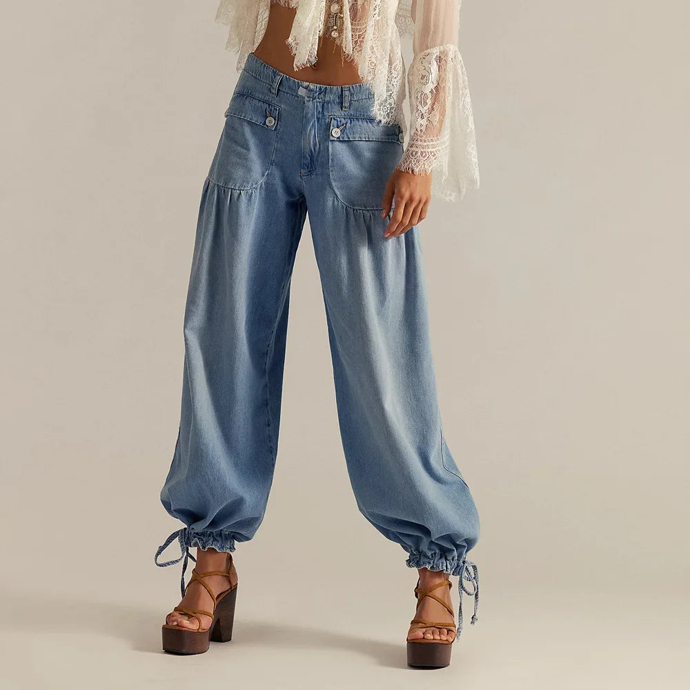 Carmelie™ Jeans with Gathered Panels, Front Flap Pockets and Adjustable Tie Hem