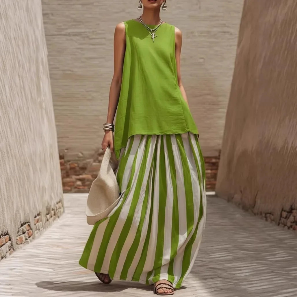 Mirenza™ Maxi Dress with Solid Color Top and Long Striped Skirt