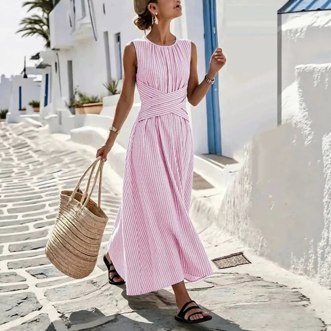 Alessine™ Striped Dress with Crossed Waist Detail
