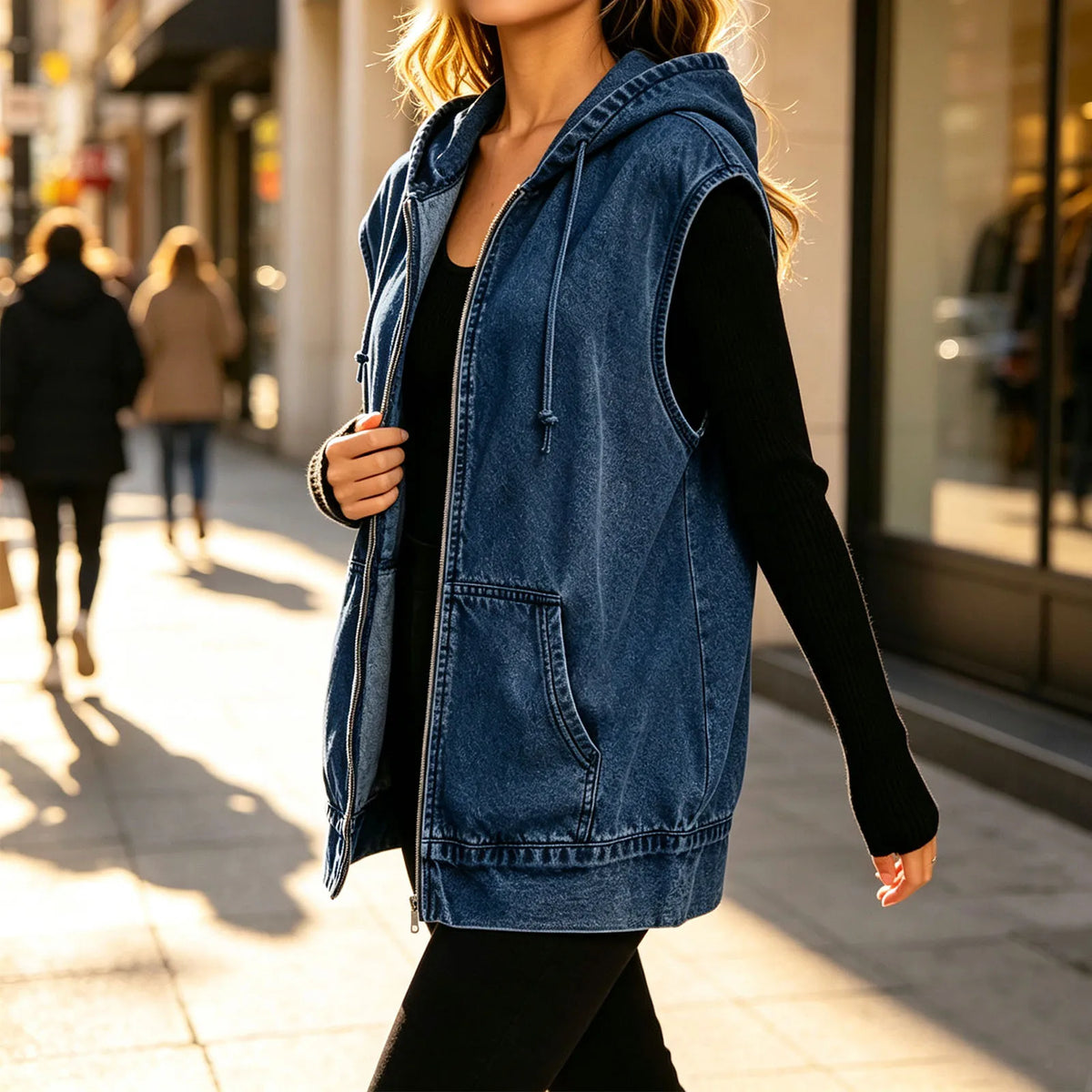 Denim Vest Winslow™ with Adjustable Hood, Front Zipper and Oversized Fit