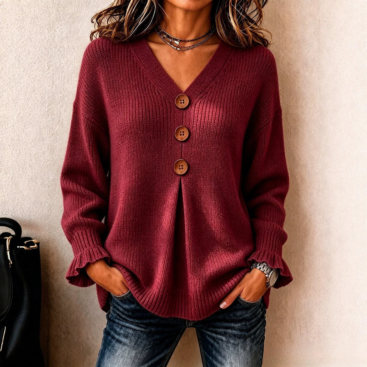 Blouse Rose™ with Front Buttons, Ribbed Cuffs and V-Neck