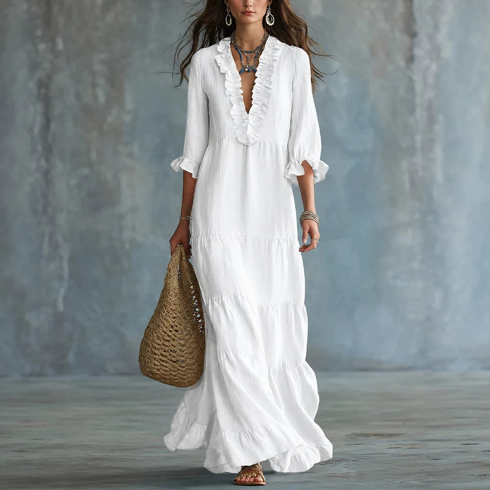 Elviane™ Long Dress with Ruffled V-Neck, Tiered Skirt and 3/4 Sleeves