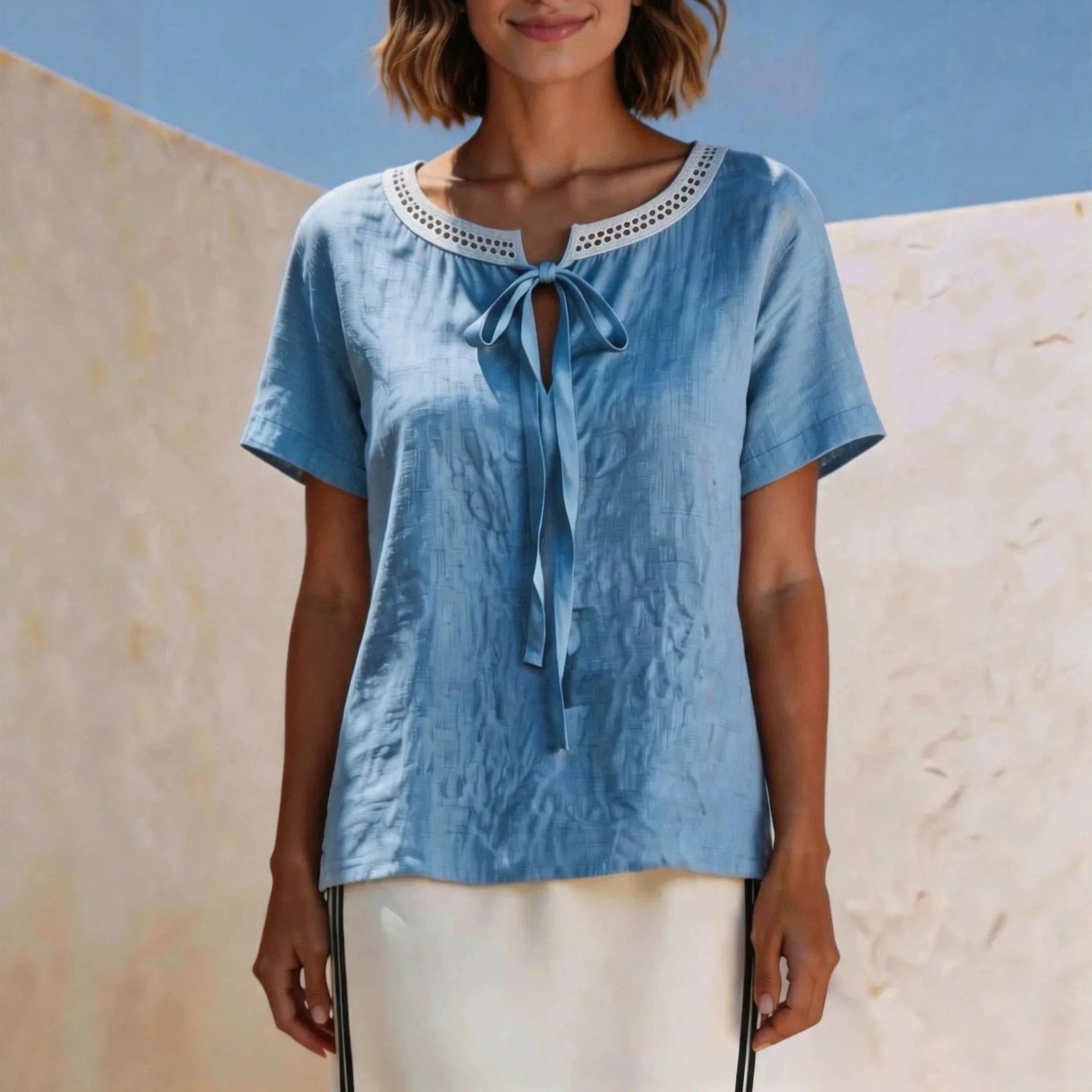 Valisse™ Blouse with Tie-Front Detail and Openwork Neckline Trim