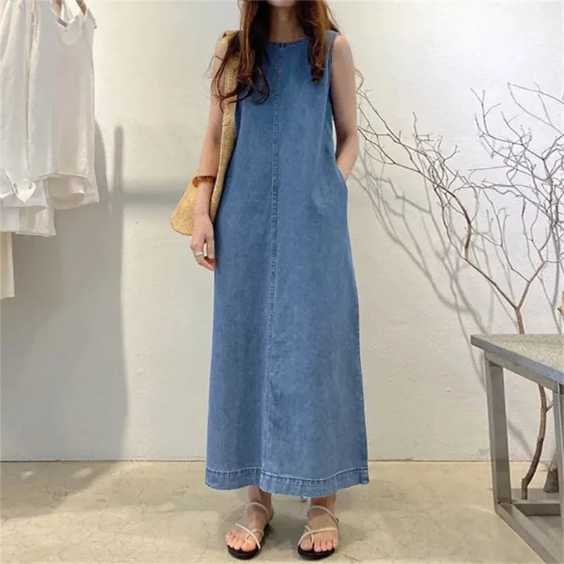 Maelina™ Denim Dress with Relaxed Fit, Side Pockets and Wide Straps