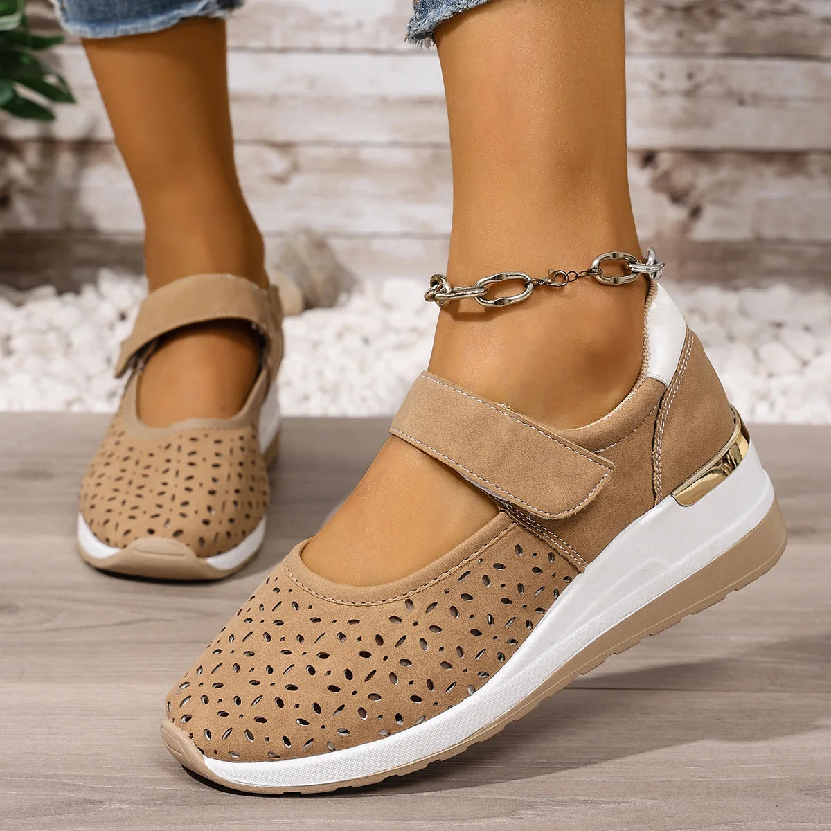 Calina™ Sneakers with Perforated Upper, Adjustable Velcro Strap and Elevated Sole