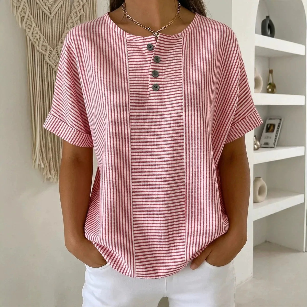 Euddora™ T-Shirt With Delicate Stripes and Front Buttons