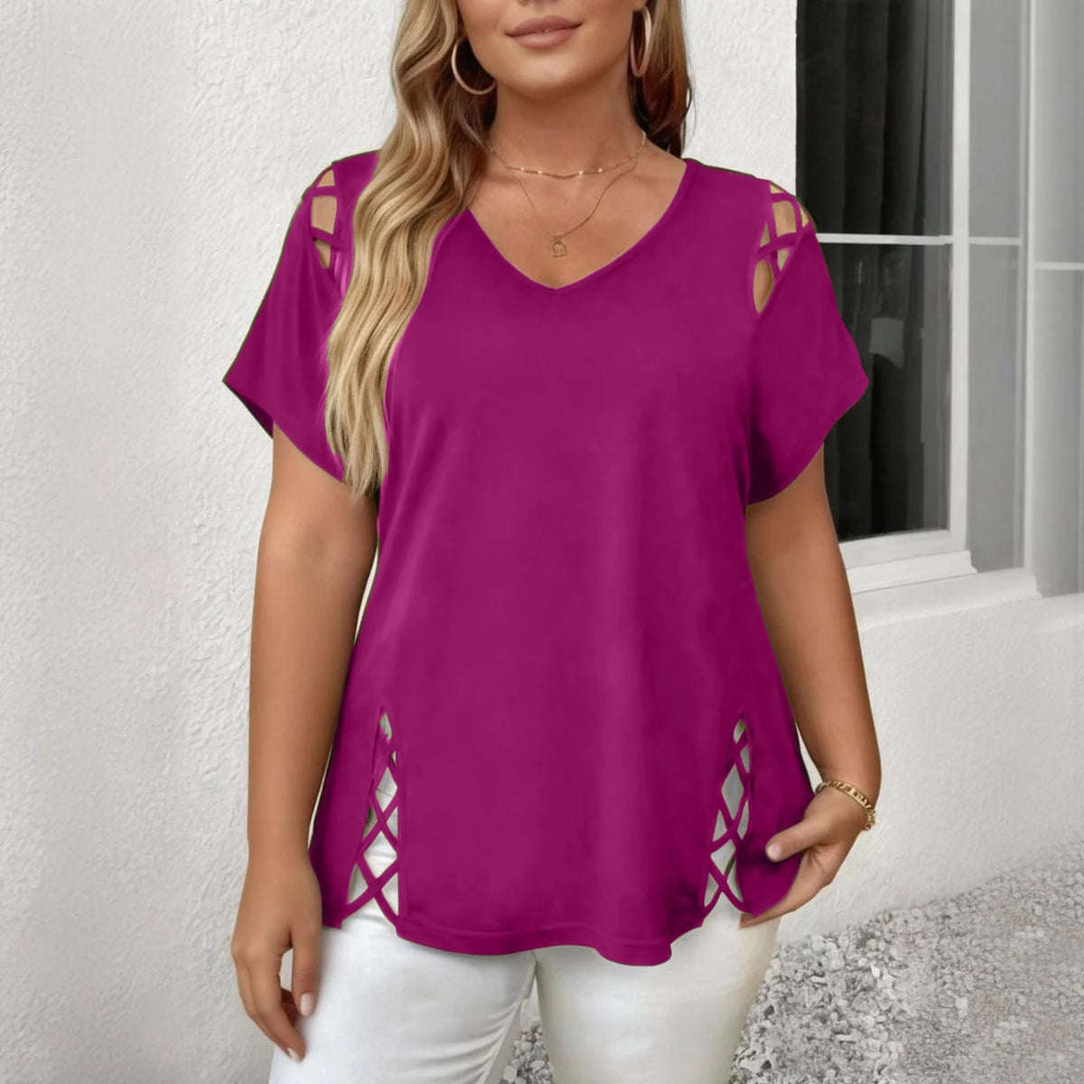 Caliria™ V-Neck Blouse with Shoulder and Side Cutout Details