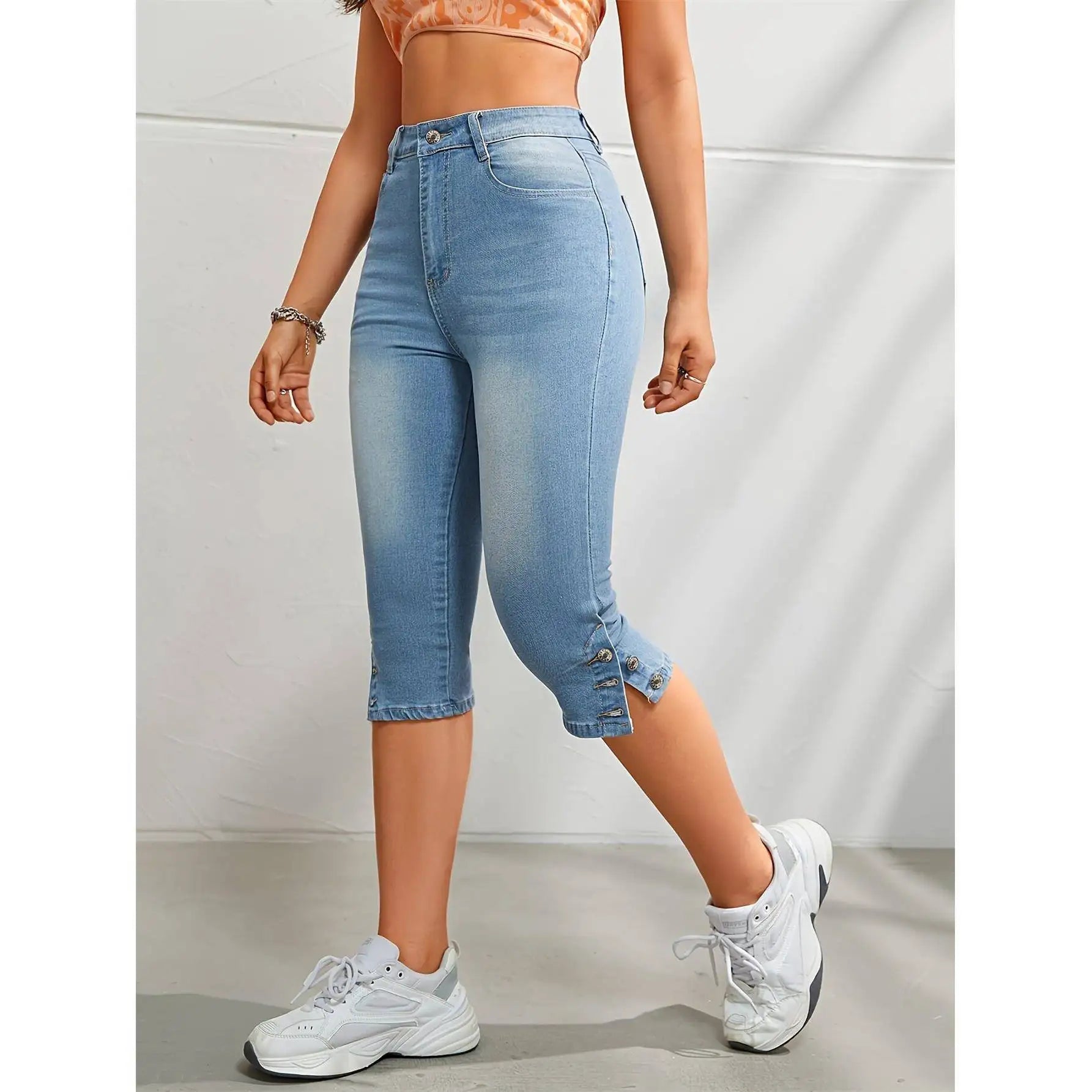 Serelle™ Capri Jeans with a High Rise, Adjustable Side Button Hem and Total Stretch