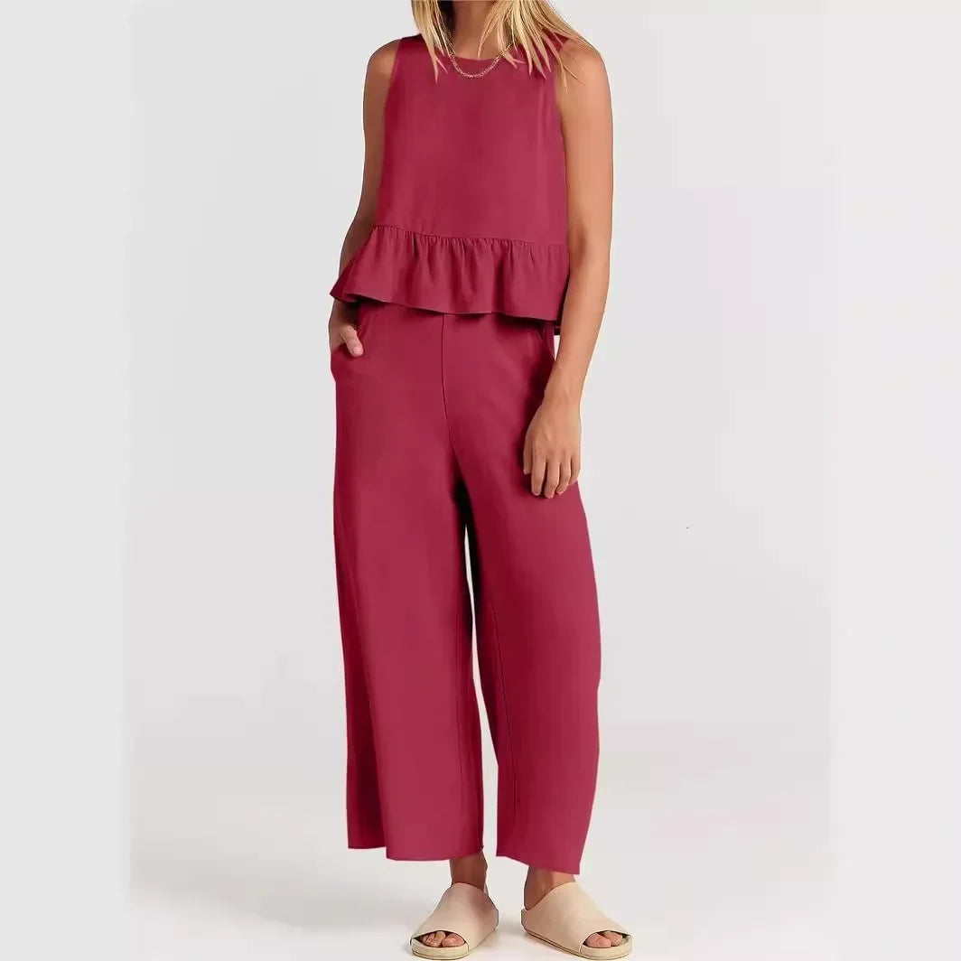 Agatha™ Mixed Linen Set with Ruffles and Wide-Leg Pants / Elegant Minimalism for Stylish Women!