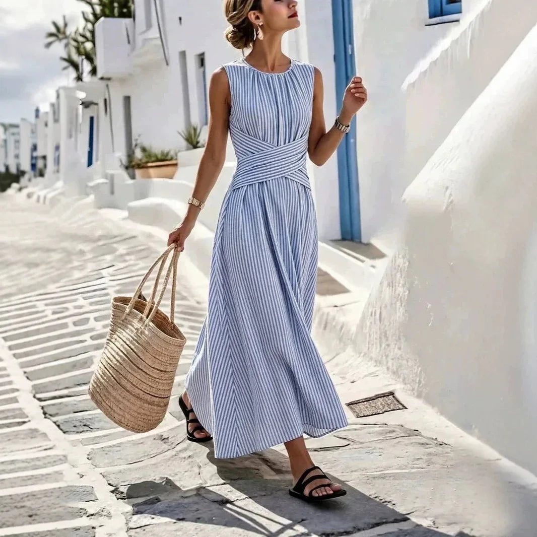 Alessine™ Striped Dress with Crossed Waist Detail