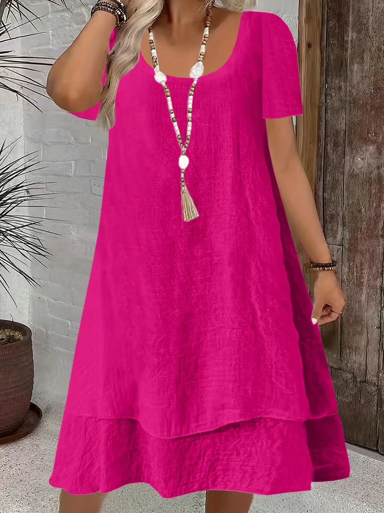 Elara™ Midi Dress with Elegant Neckline, Short Sleeves and Layered A-Line Skirt