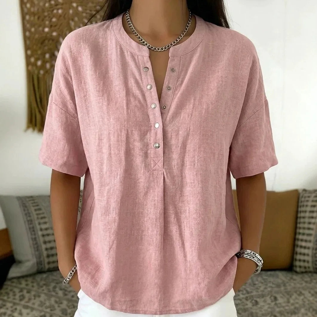 Ambrina™ Cotton-Linen Blouse with Delicate Front Buttons at the Neckline and Relaxed Fit