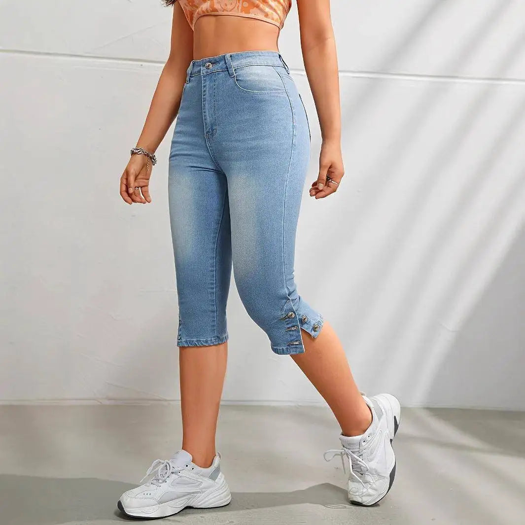 Serelle™ Capri Jeans with a High Rise, Adjustable Side Button Hem and Total Stretch