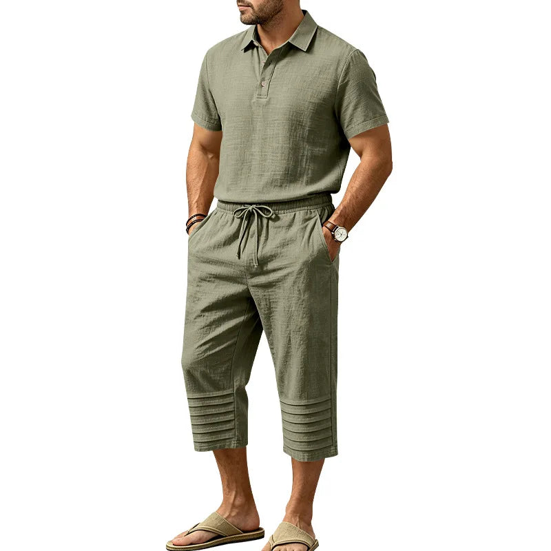 Set Owen™ Cotton Linen with Button-Front Polo Shirt and Adjustable Drawstring Waist Shorts