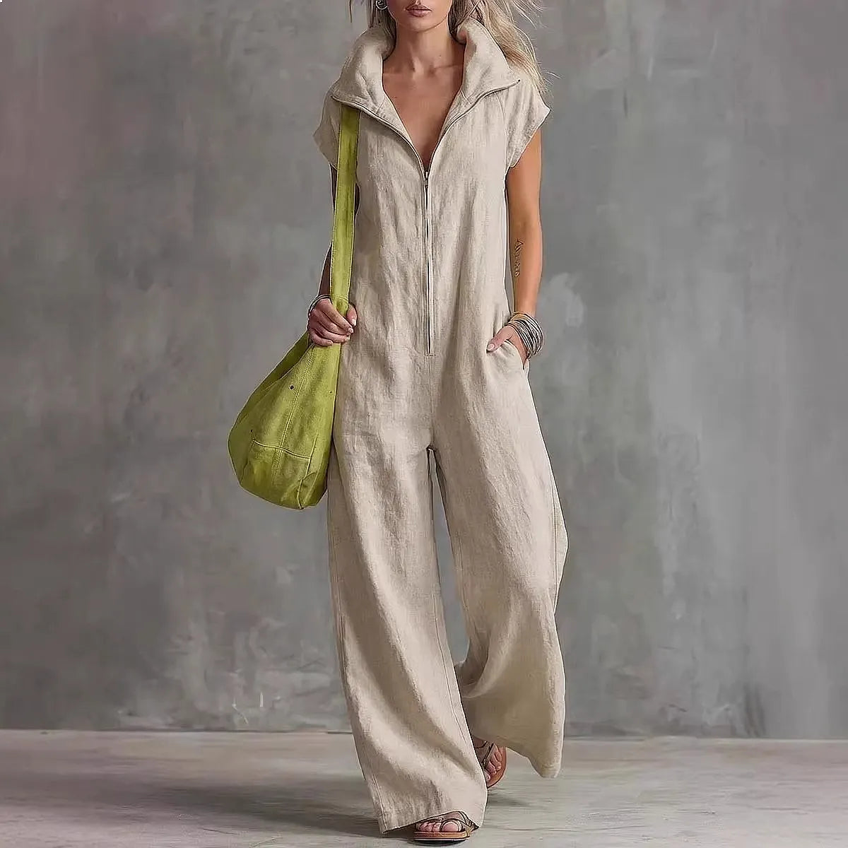 Orlina™ Cotton-Linen Jumpsuit with Front Zipper and High Collar