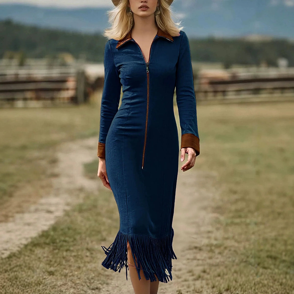 Dress Texas™ with Velvet Touch, Contrast Collar and Sleeves, Front Zip and Fringe Hem