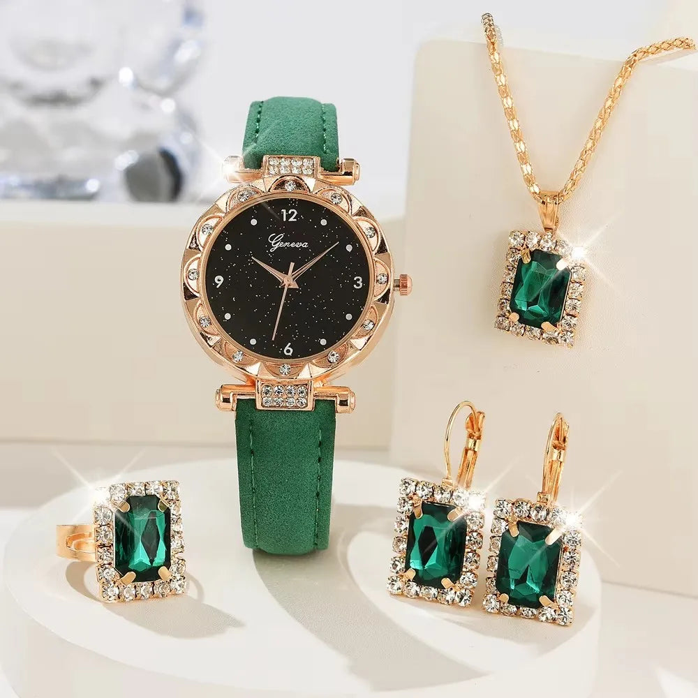 [🔥Buy 1, Get 2 FREE – Last Day of the Promotion ]  4-Piece Golden Watch Set with Matching Necklace, Earrings, Ring & Bracelet / Complete Your Look with Effortless Elegance
