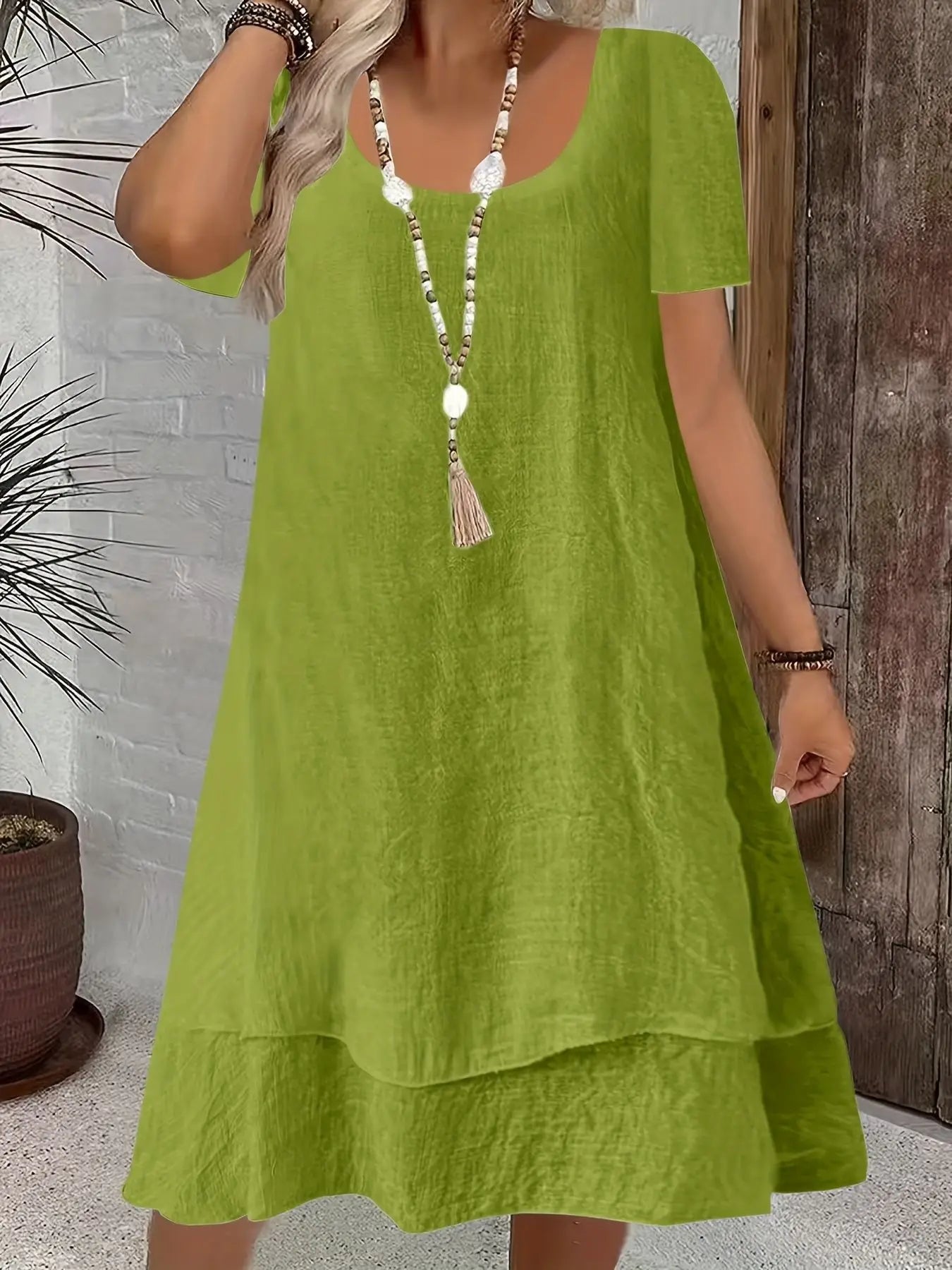 Elara™ Midi Dress with Elegant Neckline, Short Sleeves and Layered A-Line Skirt