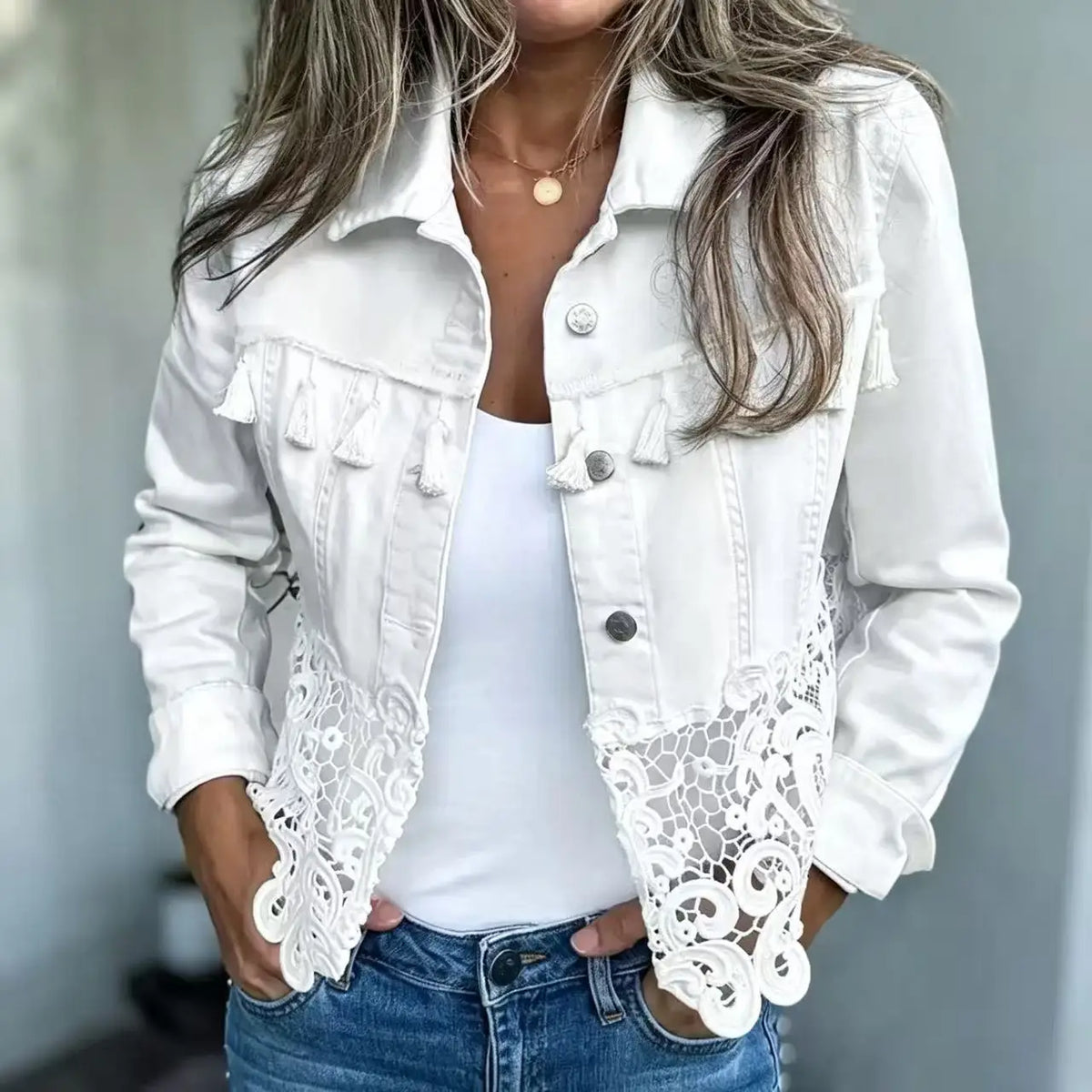 Caprielle™ Denim Jacket with Cutout Lace Hem and Tassel Details at the Bust