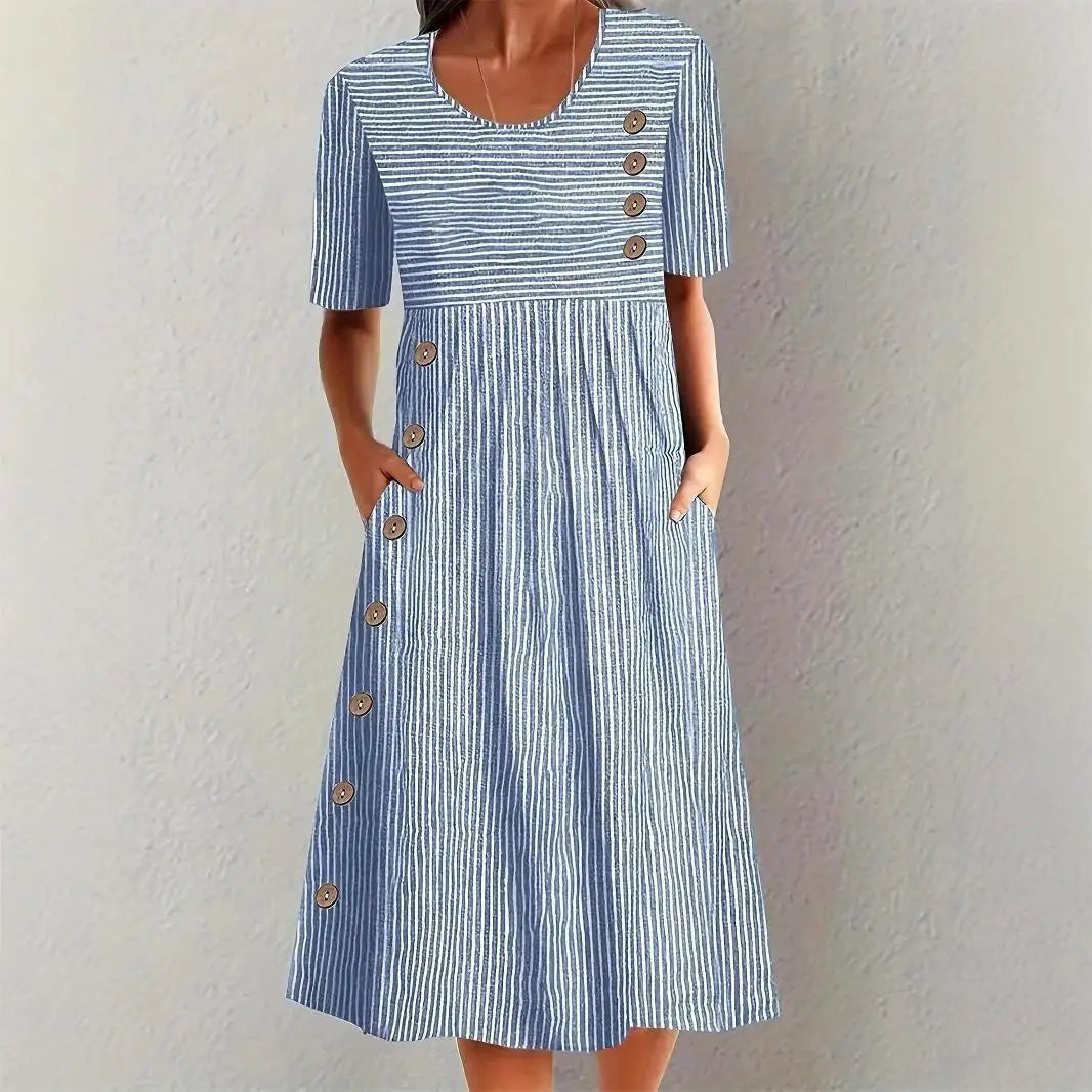 Elvanna™ Striped Dress with Decorative Button Details