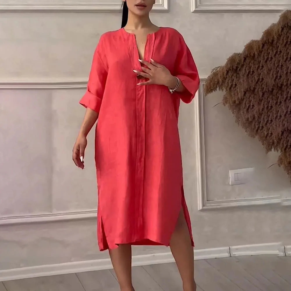 Toronto™ Dress in Cotton Linen with Loose Fit / Tropical Elegance with a Touch of Modern Sophistication!