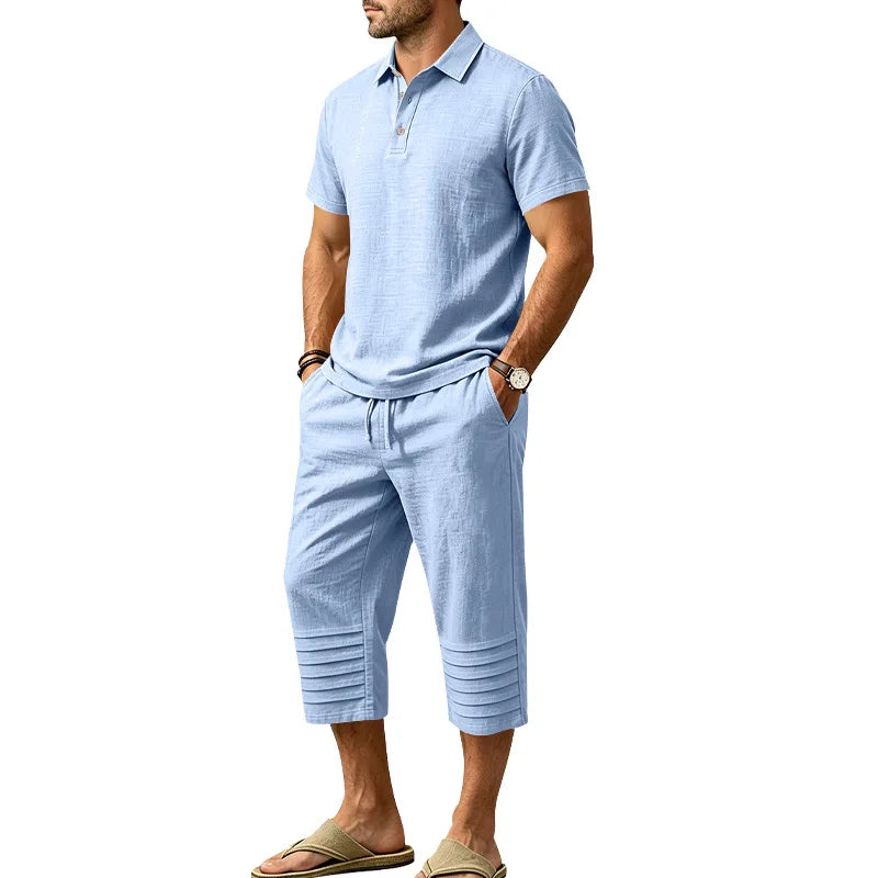Set Owen™ Cotton Linen with Button-Front Polo Shirt and Adjustable Drawstring Waist Shorts
