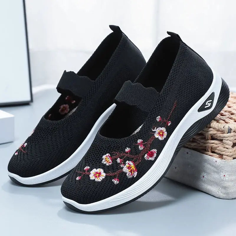 Rosalie™ Mary Jane Sneakers with Breathable Knit and Floral Embroidery