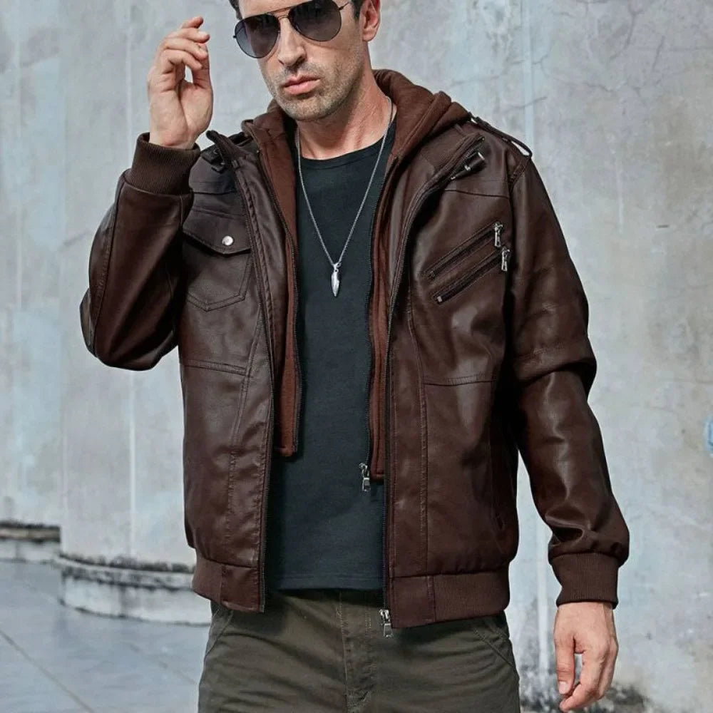 WolfRider™ Jacket in Premium Leather with Removable Hood and Strategic Pockets / The Style of a Man Who Owns the Cold!