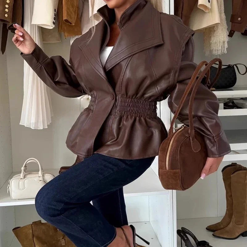 Empire Line™ Jacket in Premium Synthetic Leather with Defined Waist and Central Button / Power and Elegance in Every Move!