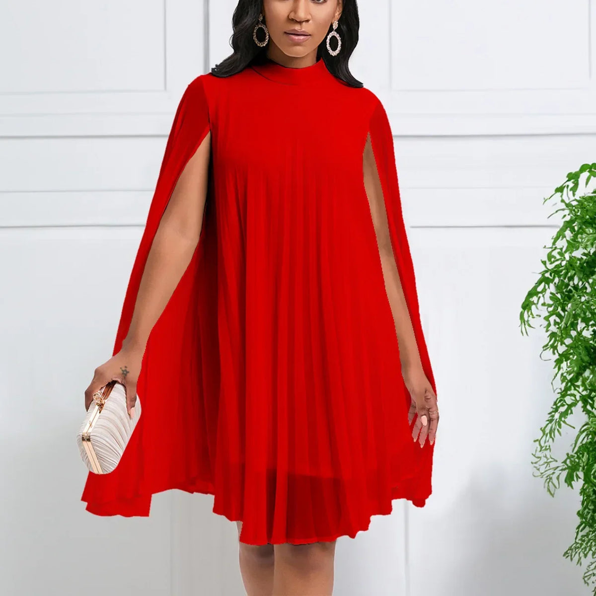 Lumera™ Dress with High Neck, Long Cape Sleeves and Fluid Drape