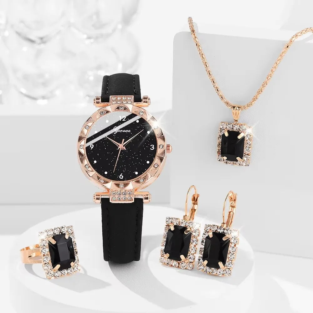 [🔥Buy 1, Get 2 FREE – Last Day of the Promotion ]  4-Piece Golden Watch Set with Matching Necklace, Earrings, Ring & Bracelet / Complete Your Look with Effortless Elegance