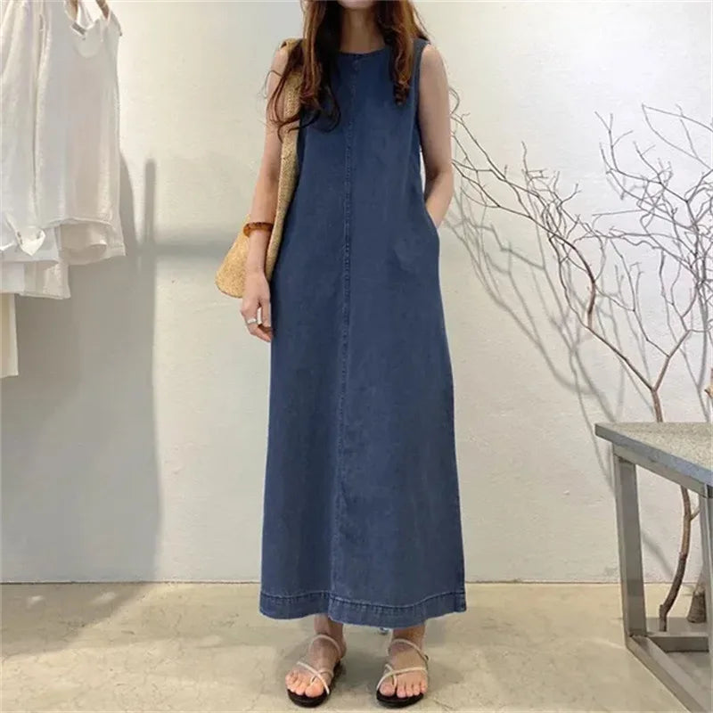 Maelina™ Denim Dress with Relaxed Fit, Side Pockets and Wide Straps