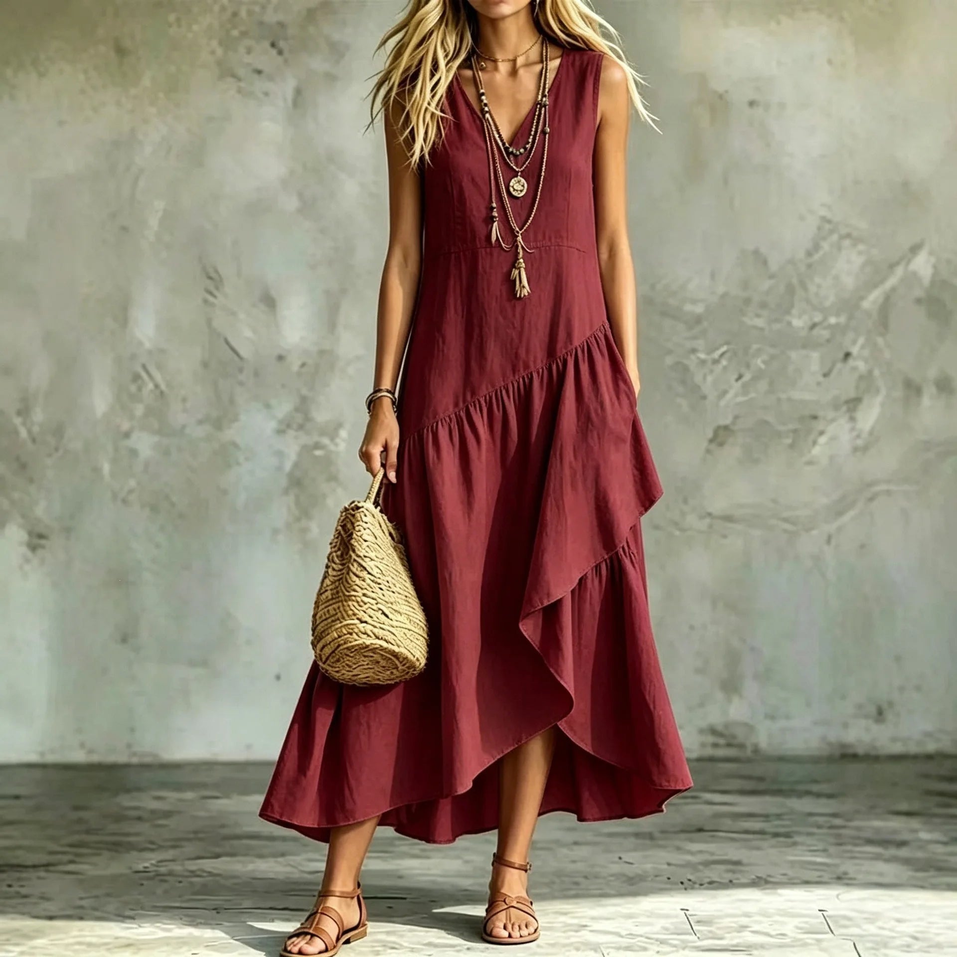 Liorah™ V-Neck Dress with a Flowing Layered Asymmetrical Skirt