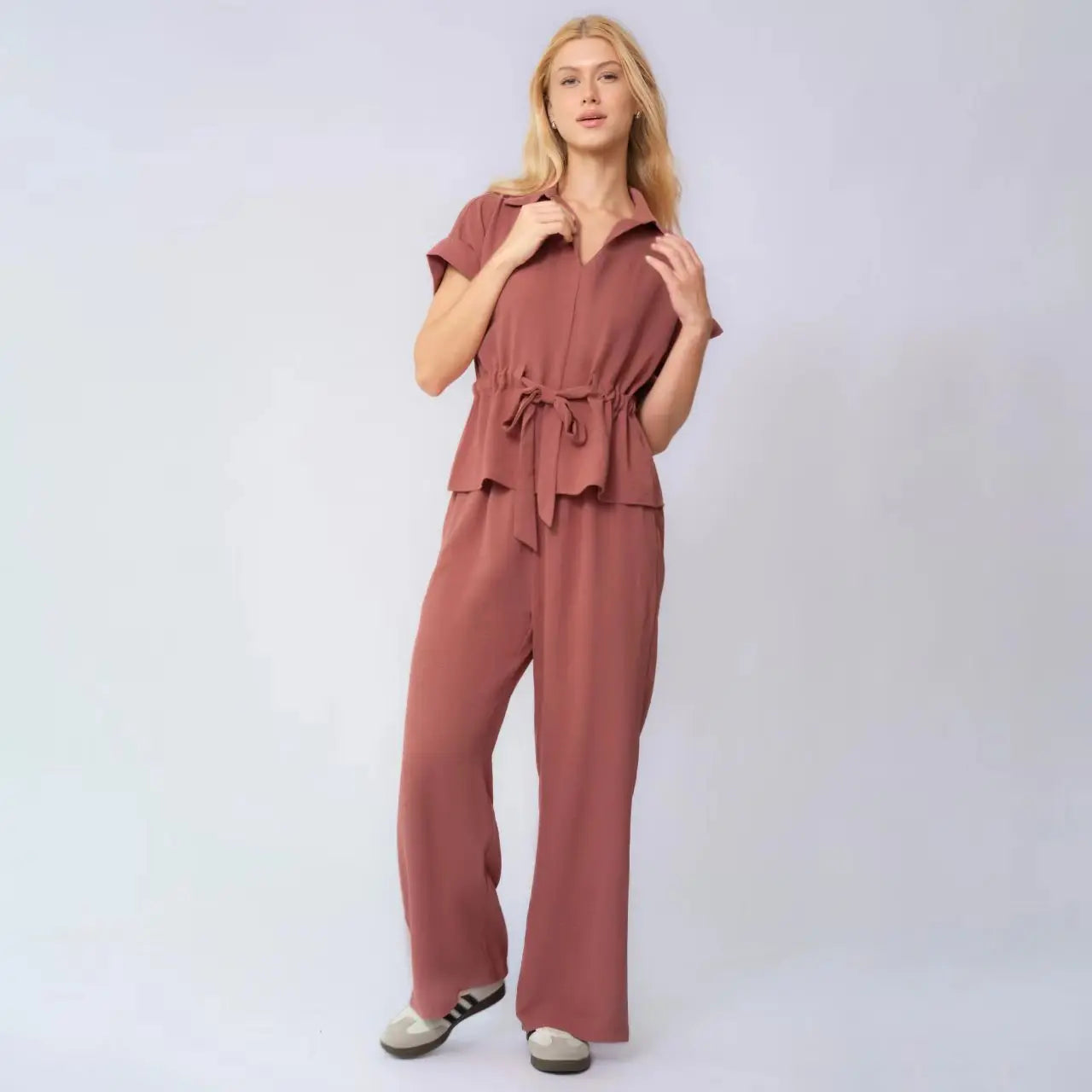 Two-Piece Set Cambria™ with Tie-Waist Top and Wide-Leg Pants.