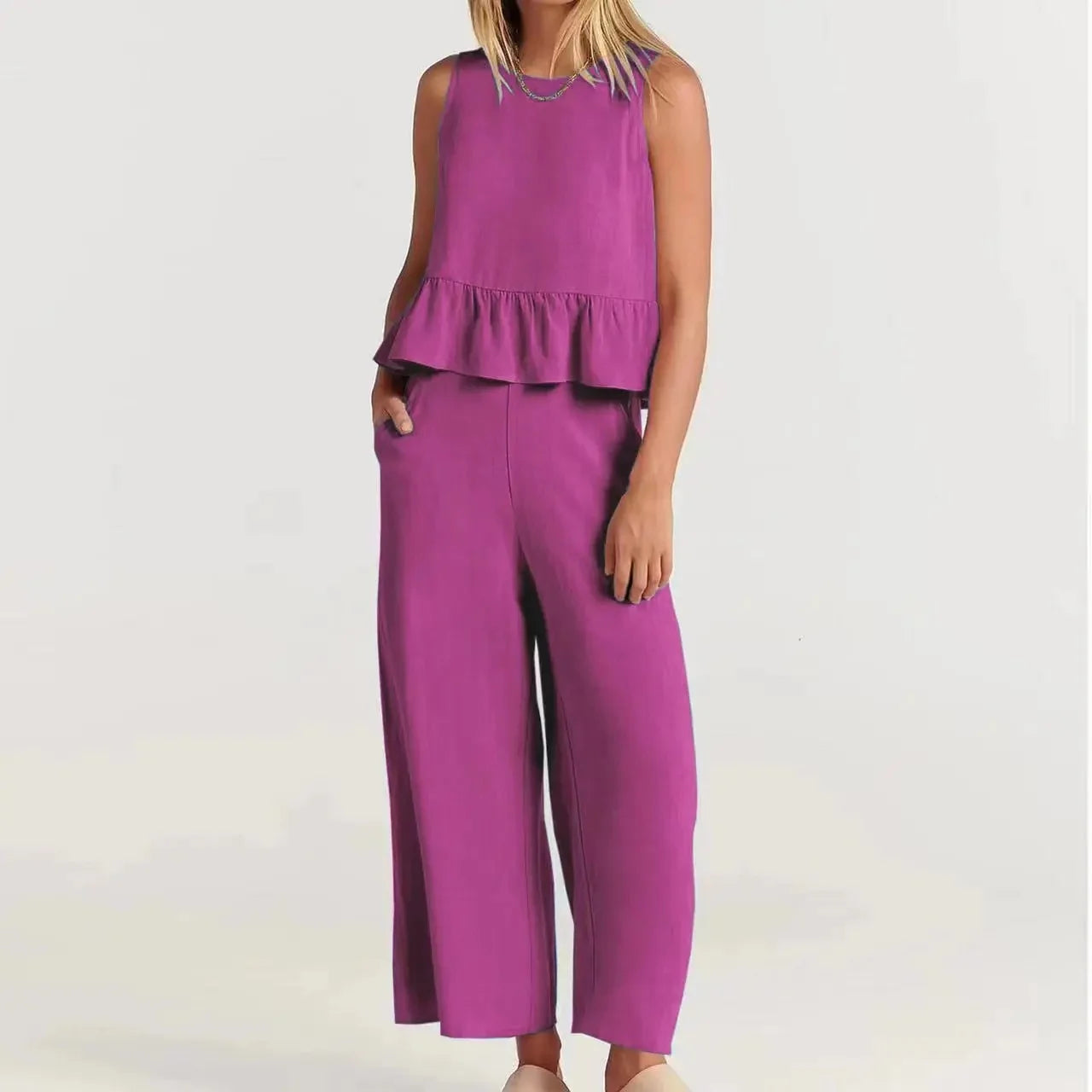 Agatha™ Mixed Linen Set with Ruffles and Wide-Leg Pants / Elegant Minimalism for Stylish Women!