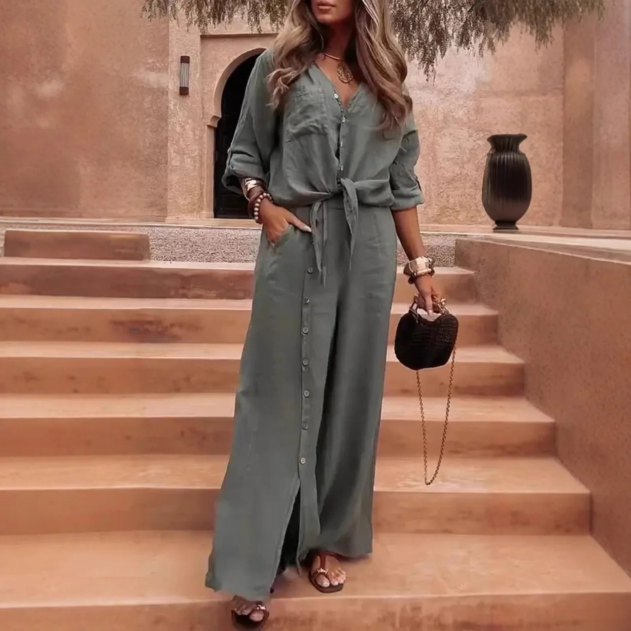 Casablanca™ Cotton Linen Set with Side Buttons / Sophistication for Sunny Days and Freedom!