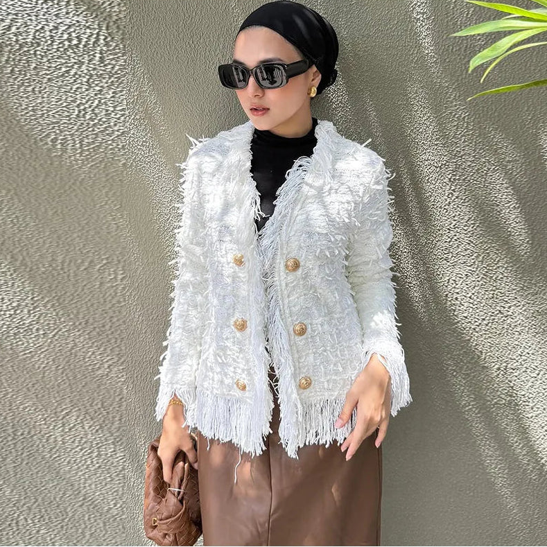Bellemont™ Jacket in Premium Bouclé with Delicate Fringes and Metallic Buttons / Where Classic Meets Contemporary!