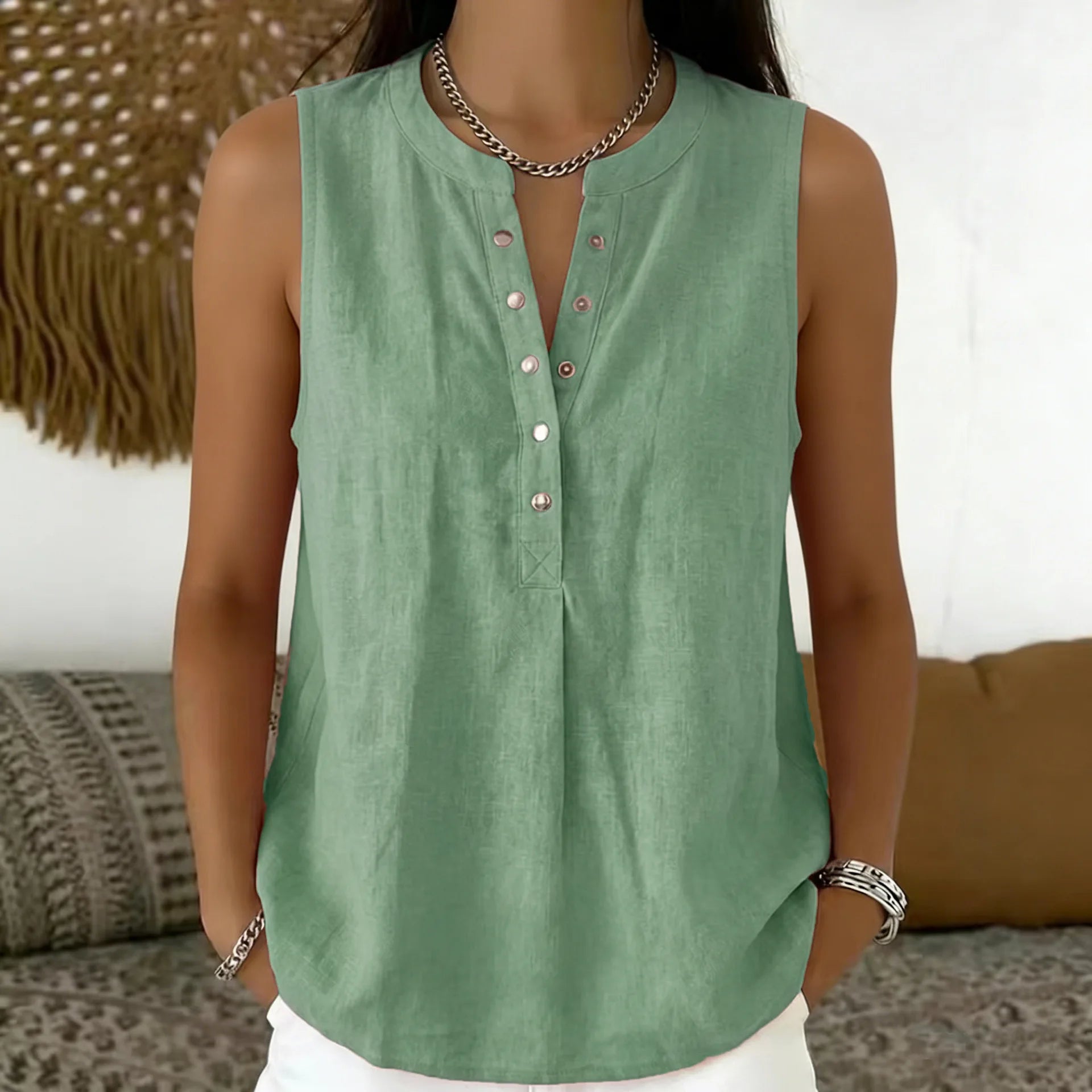 Blouse Emily™ with Round Neckline, Button-Front Detail and Sleeveless Cut