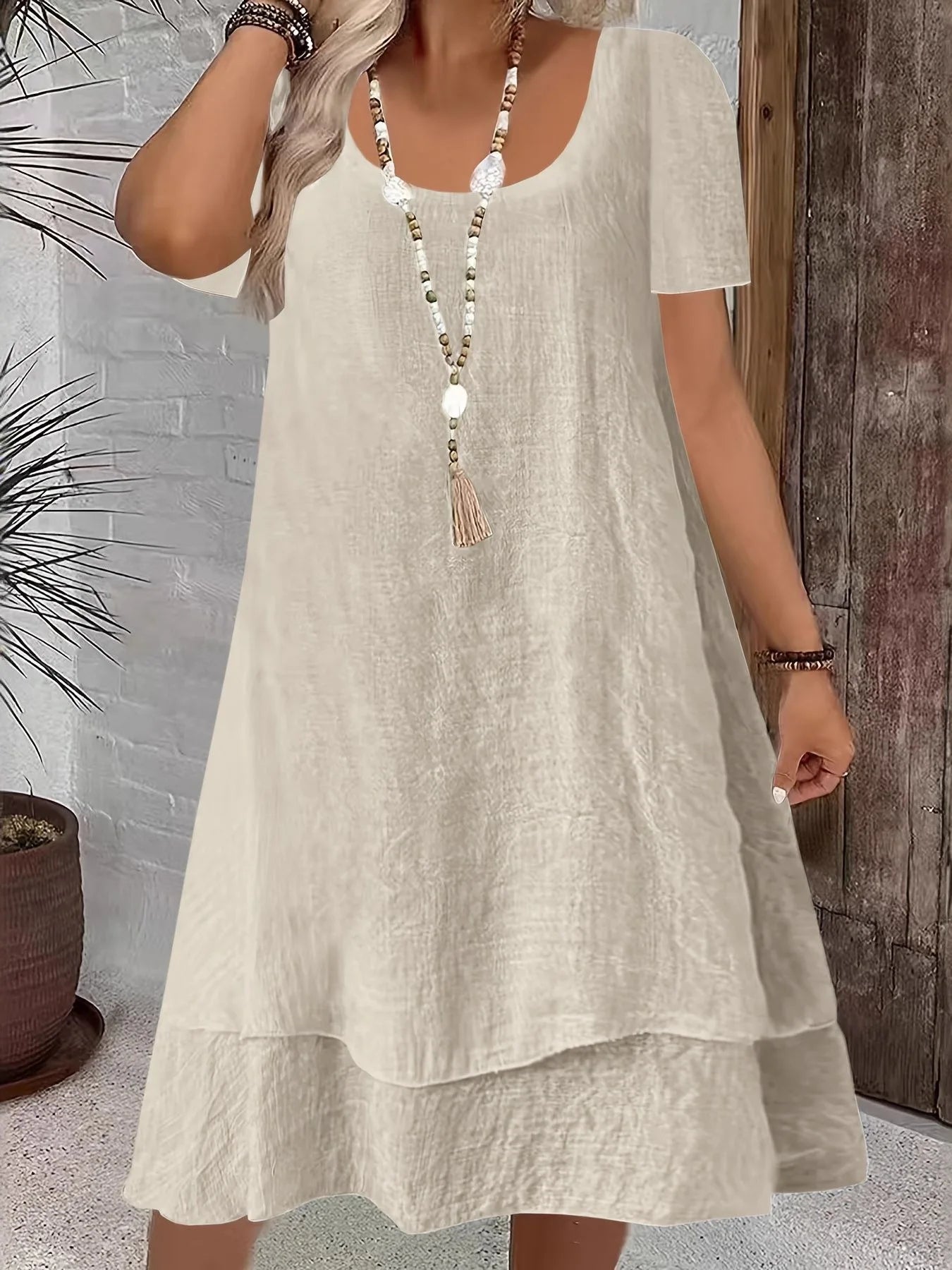 Elara™ Midi Dress with Elegant Neckline, Short Sleeves and Layered A-Line Skirt