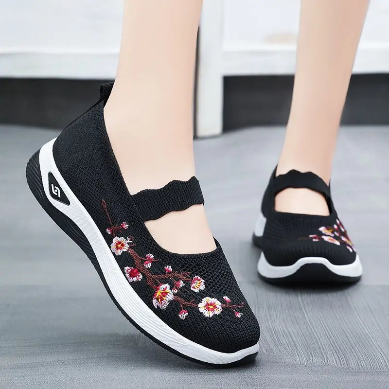 Rosalie™ Mary Jane Sneakers with Breathable Knit and Floral Embroidery