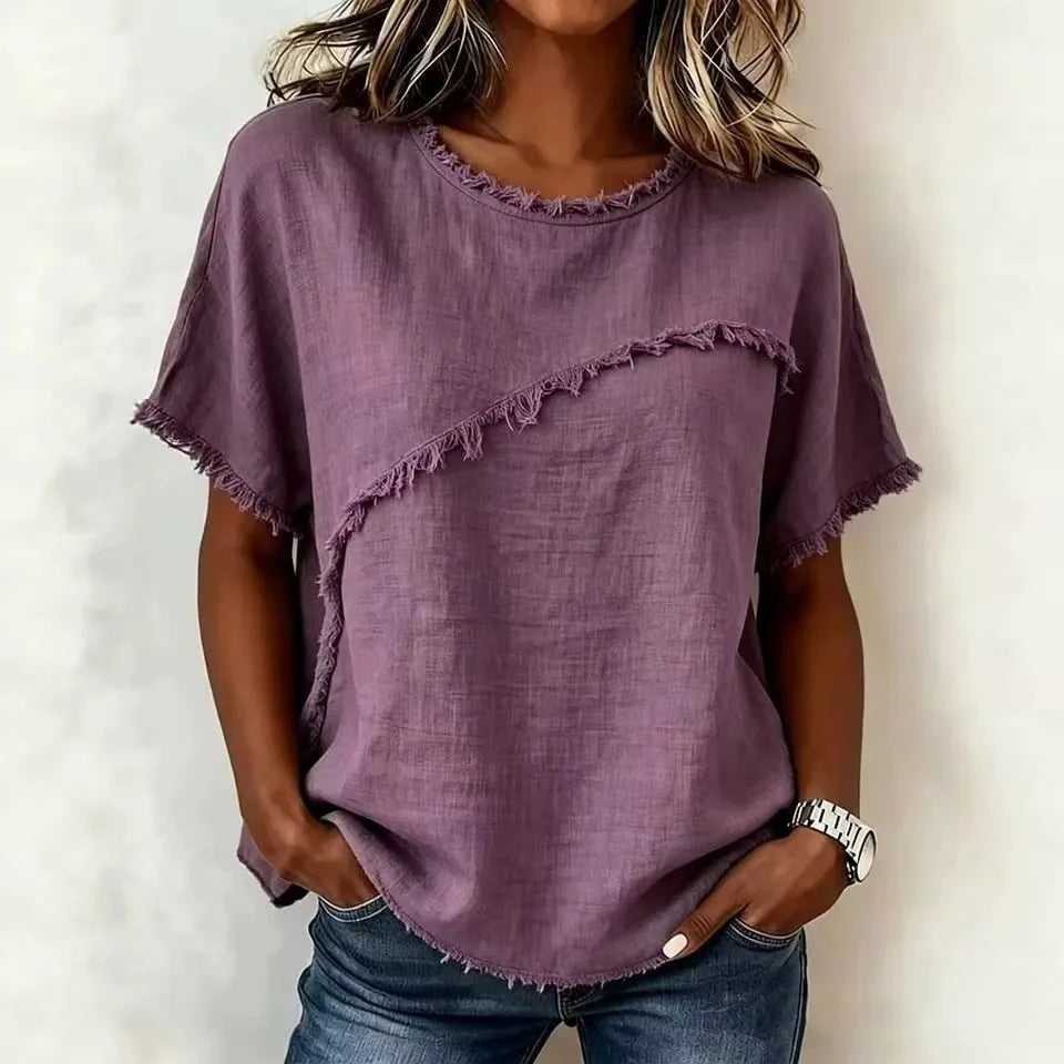 Verena™ Blouse with Asymmetrical Paneling and Frayed Trim