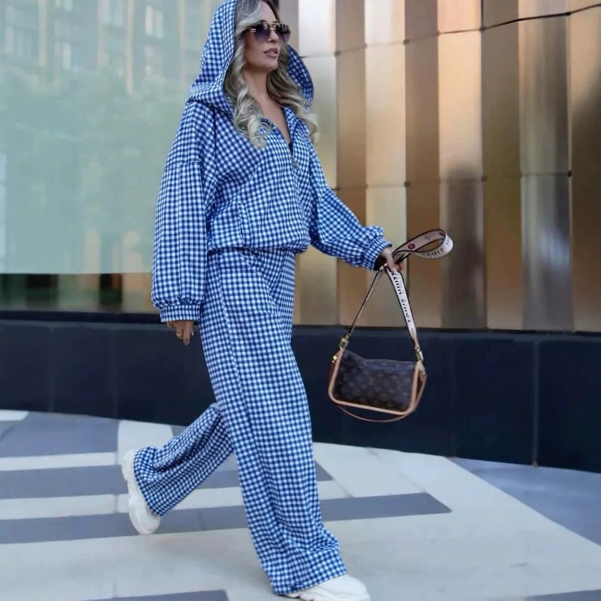 Maddalena™ Set with Oversized Hooded Top, Wide-Leg Pants and Minimalist Check Print