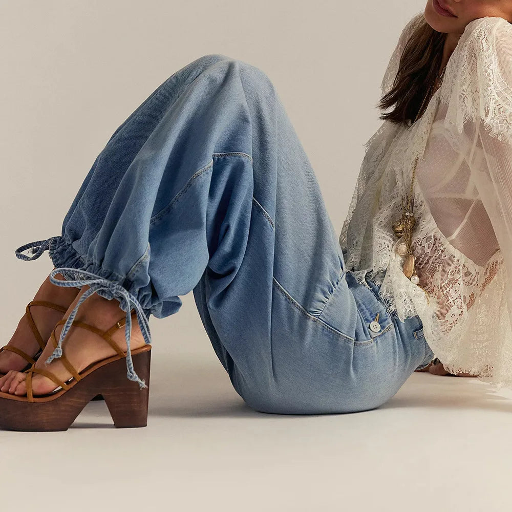 Carmelie™ Jeans with Gathered Panels, Front Flap Pockets and Adjustable Tie Hem
